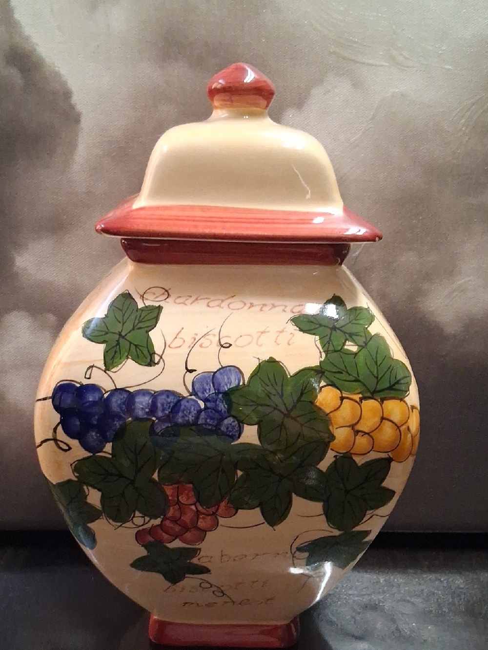 Hand-Painted Ceramic Biscotti Jar with Yellow & Red Accents